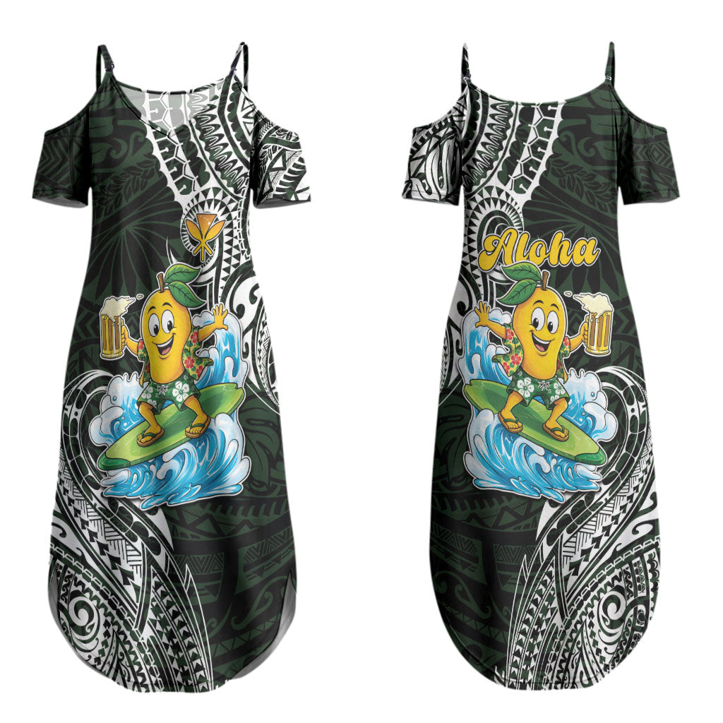 Aloha Hawaii Mango Surfing Couples Matching Summer Maxi Dress and Long Sleeve Button Shirt Polynesian Style