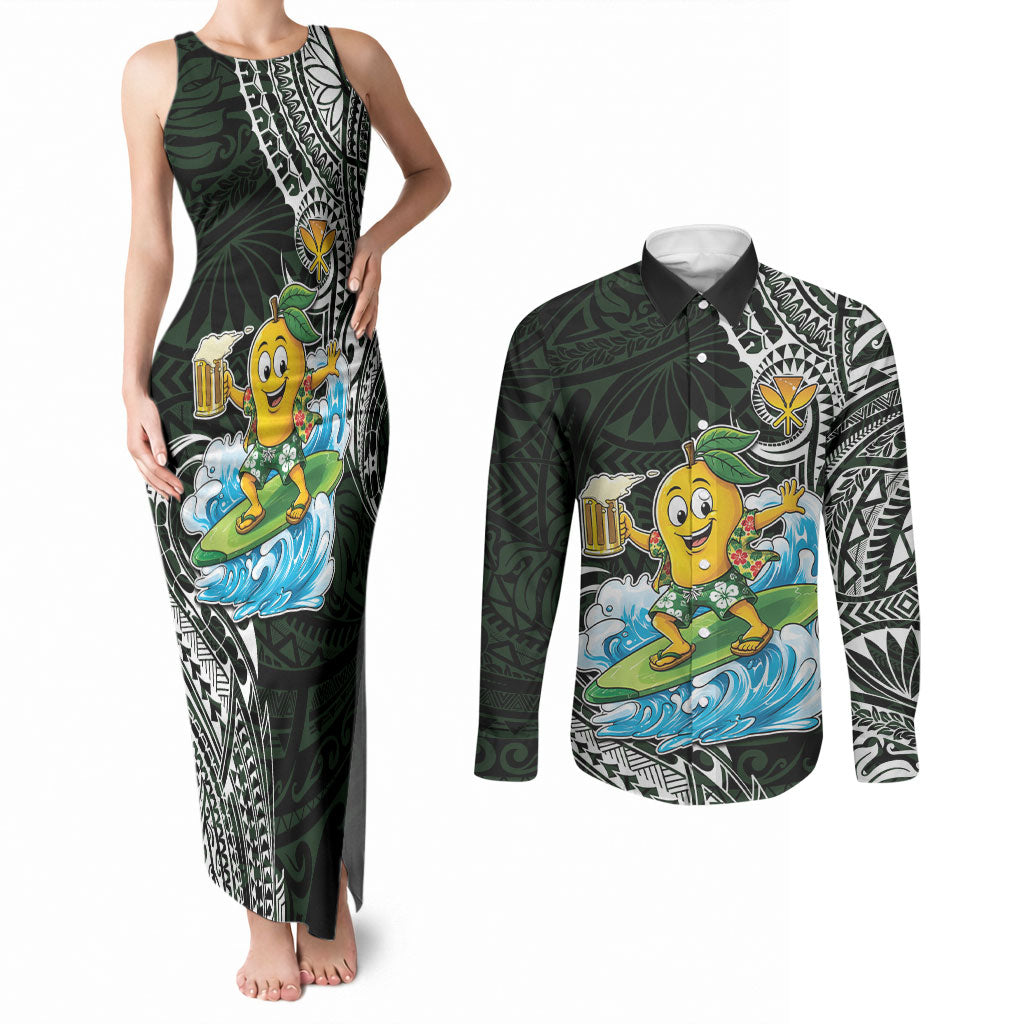 Aloha Hawaii Mango Surfing Couples Matching Tank Maxi Dress and Long Sleeve Button Shirt Polynesian Style