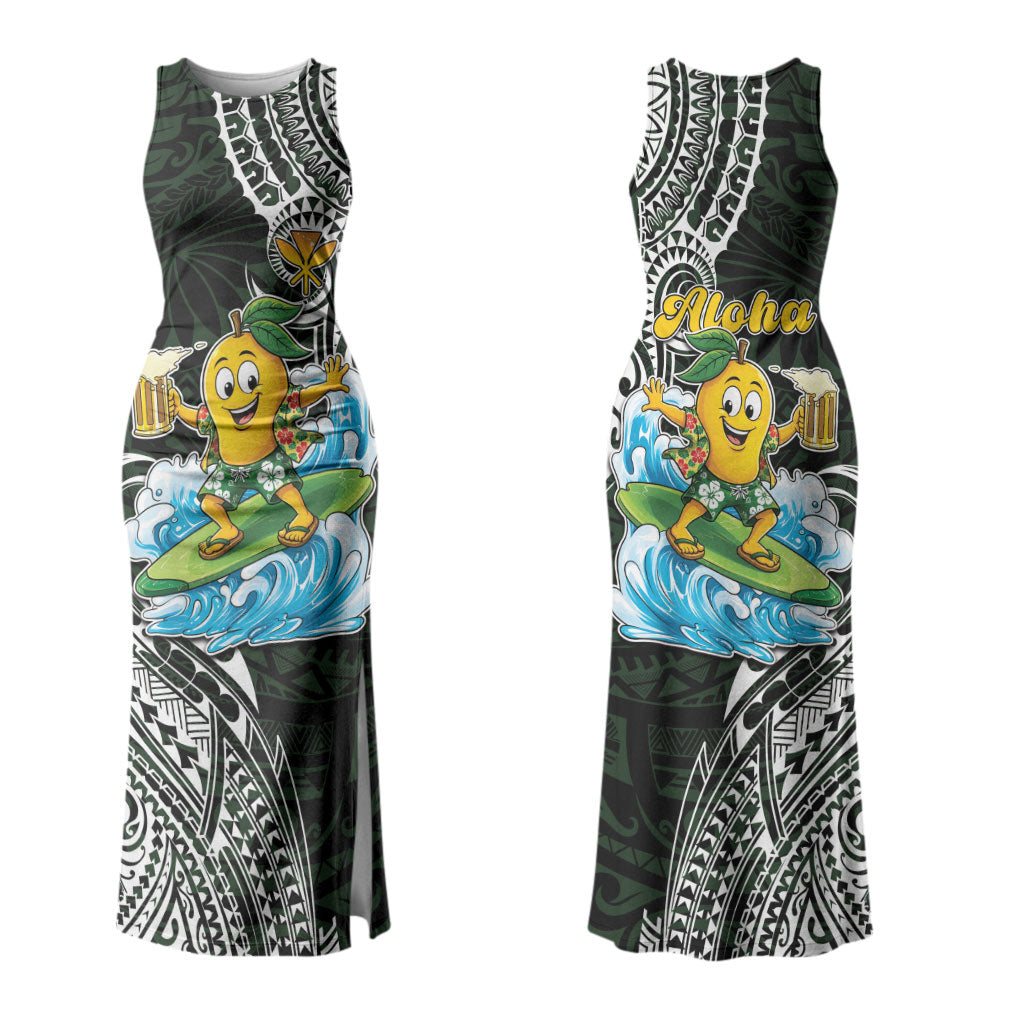 Aloha Hawaii Mango Surfing Couples Matching Tank Maxi Dress and Long Sleeve Button Shirt Polynesian Style