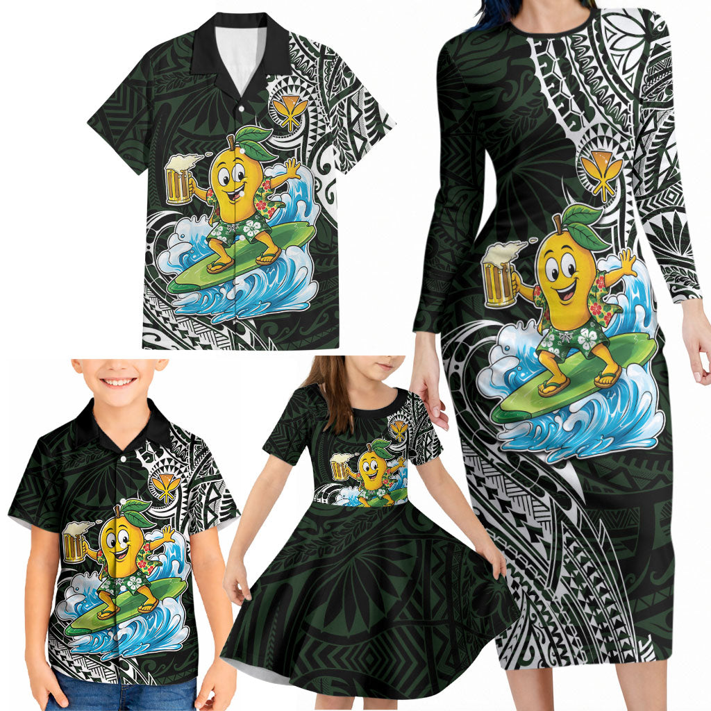 Aloha Hawaii Mango Surfing Family Matching Long Sleeve Bodycon Dress and Hawaiian Shirt Polynesian Style