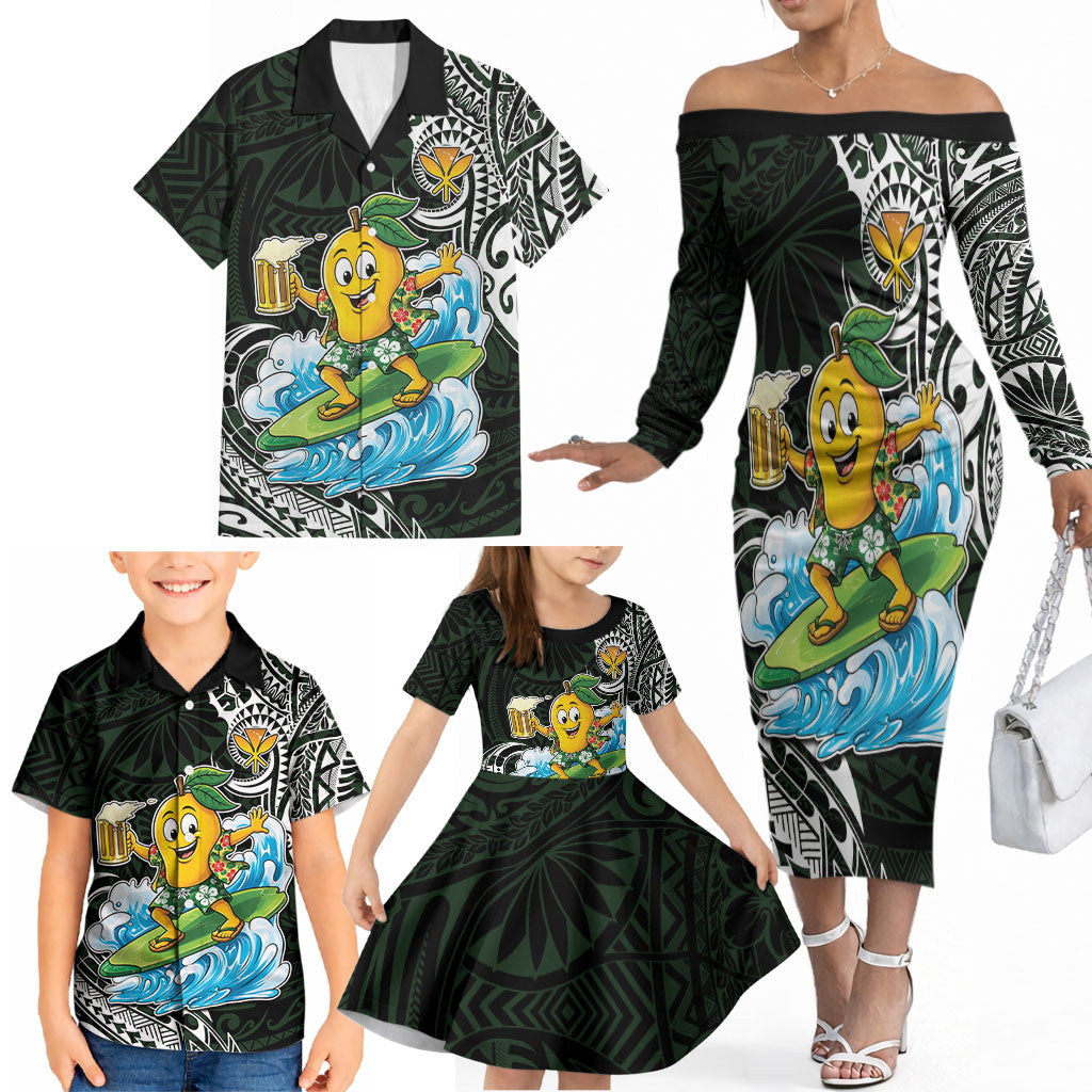 Aloha Hawaii Mango Surfing Family Matching Off The Shoulder Long Sleeve Dress and Hawaiian Shirt Polynesian Style