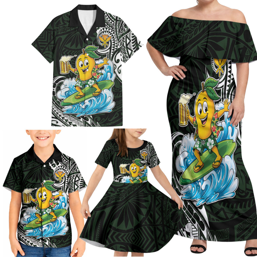 Aloha Hawaii Mango Surfing Family Matching Off Shoulder Maxi Dress and Hawaiian Shirt Polynesian Style