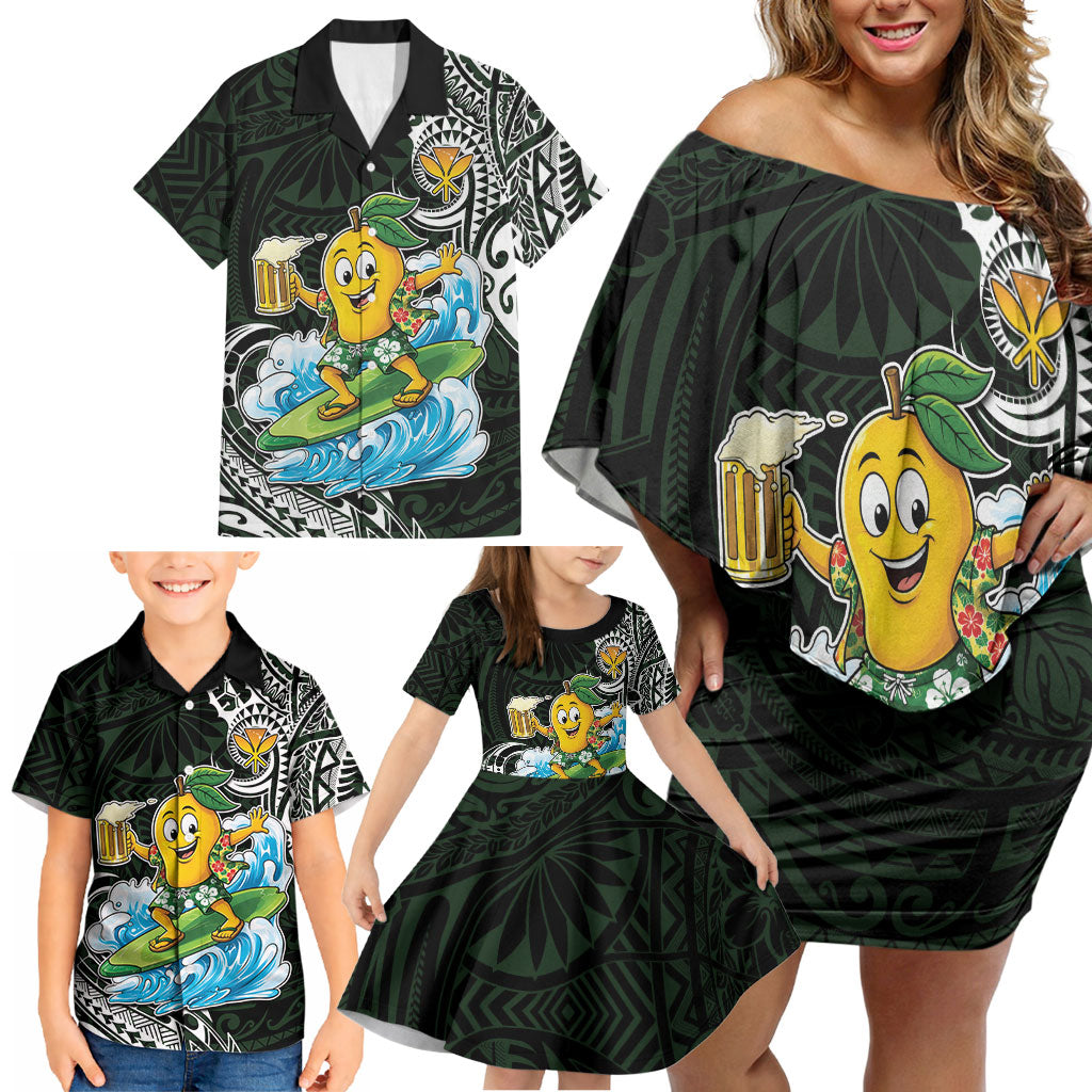 Aloha Hawaii Mango Surfing Family Matching Off Shoulder Short Dress and Hawaiian Shirt Polynesian Style