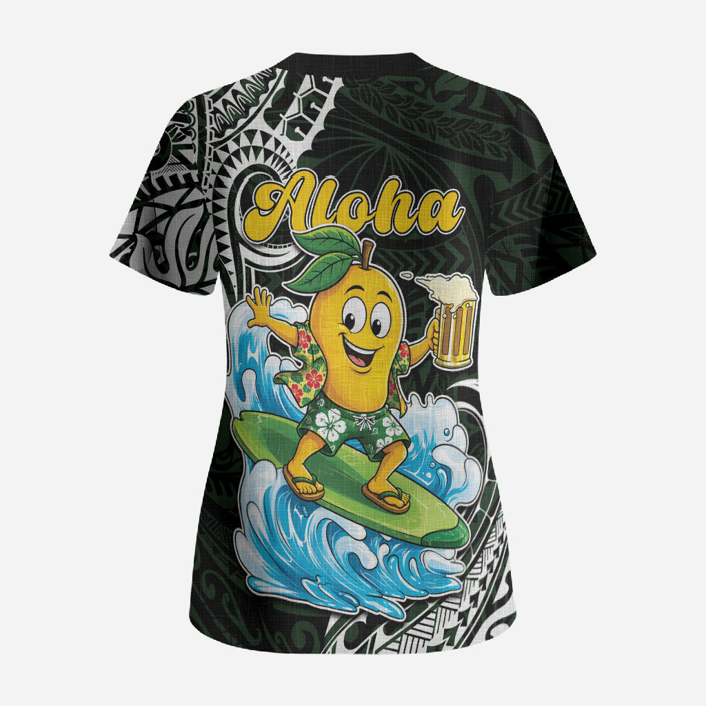 Aloha Hawaii Mango Surfing Scrub Top Polynesian Style