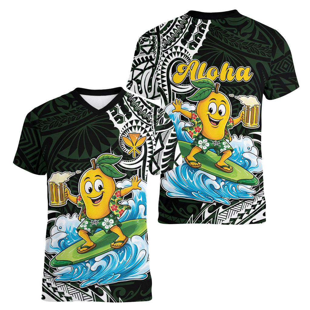 Aloha Hawaii Mango Surfing Women V-Neck T-Shirt Polynesian Style