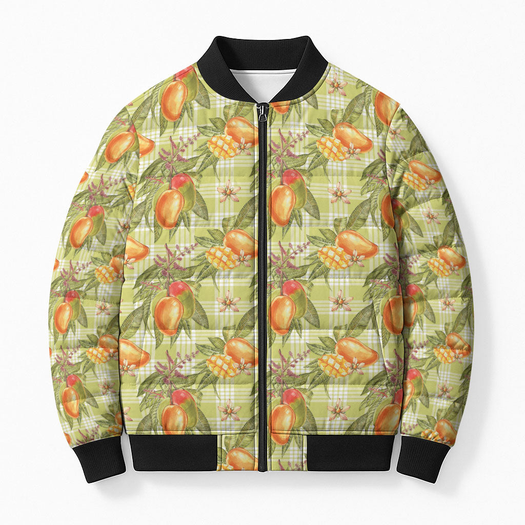 Vintage Hawaii Mango Bomber Puffer Jacket Yellow Green Hawaiian Palaka