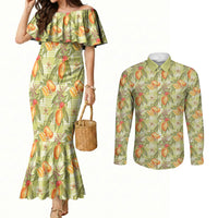 Vintage Hawaii Mango Couples Matching Mermaid Dress and Long Sleeve Button Shirt Yellow Green Hawaiian Palaka
