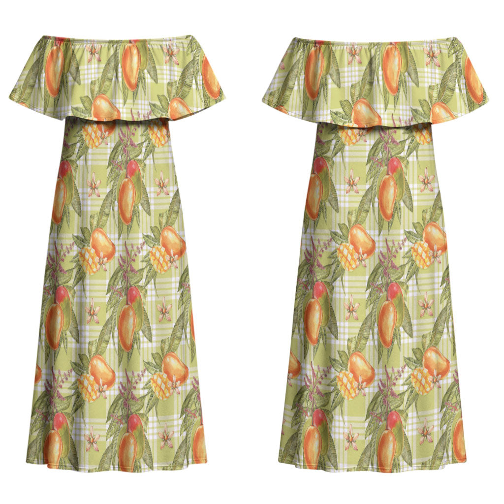 Vintage Hawaii Mango Couples Matching Off Shoulder Maxi Dress and Long Sleeve Button Shirt Yellow Green Hawaiian Palaka