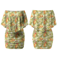 Vintage Hawaii Mango Couples Matching Off Shoulder Short Dress and Hawaiian Shirt Yellow Green Hawaiian Palaka