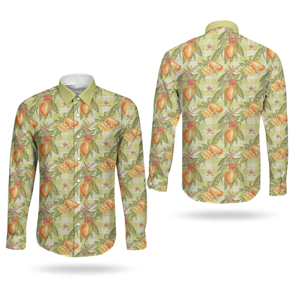 Vintage Hawaii Mango Couples Matching Off The Shoulder Long Sleeve Dress and Long Sleeve Button Shirt Yellow Green Hawaiian Palaka