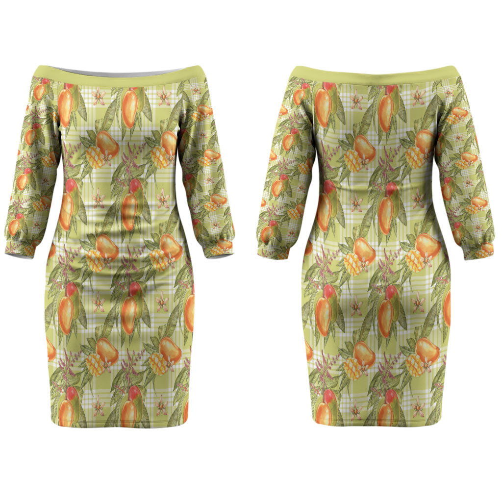 Vintage Hawaii Mango Couples Matching Off The Shoulder Long Sleeve Dress and Long Sleeve Button Shirt Yellow Green Hawaiian Palaka