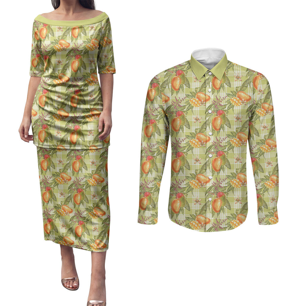 Vintage Hawaii Mango Couples Matching Puletasi and Long Sleeve Button Shirt Yellow Green Hawaiian Palaka