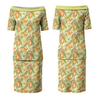 Vintage Hawaii Mango Couples Matching Puletasi and Long Sleeve Button Shirt Yellow Green Hawaiian Palaka