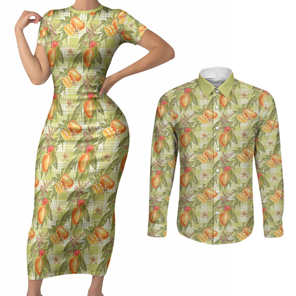 Vintage Hawaii Mango Couples Matching Short Sleeve Bodycon Dress and Long Sleeve Button Shirt Yellow Green Hawaiian Palaka