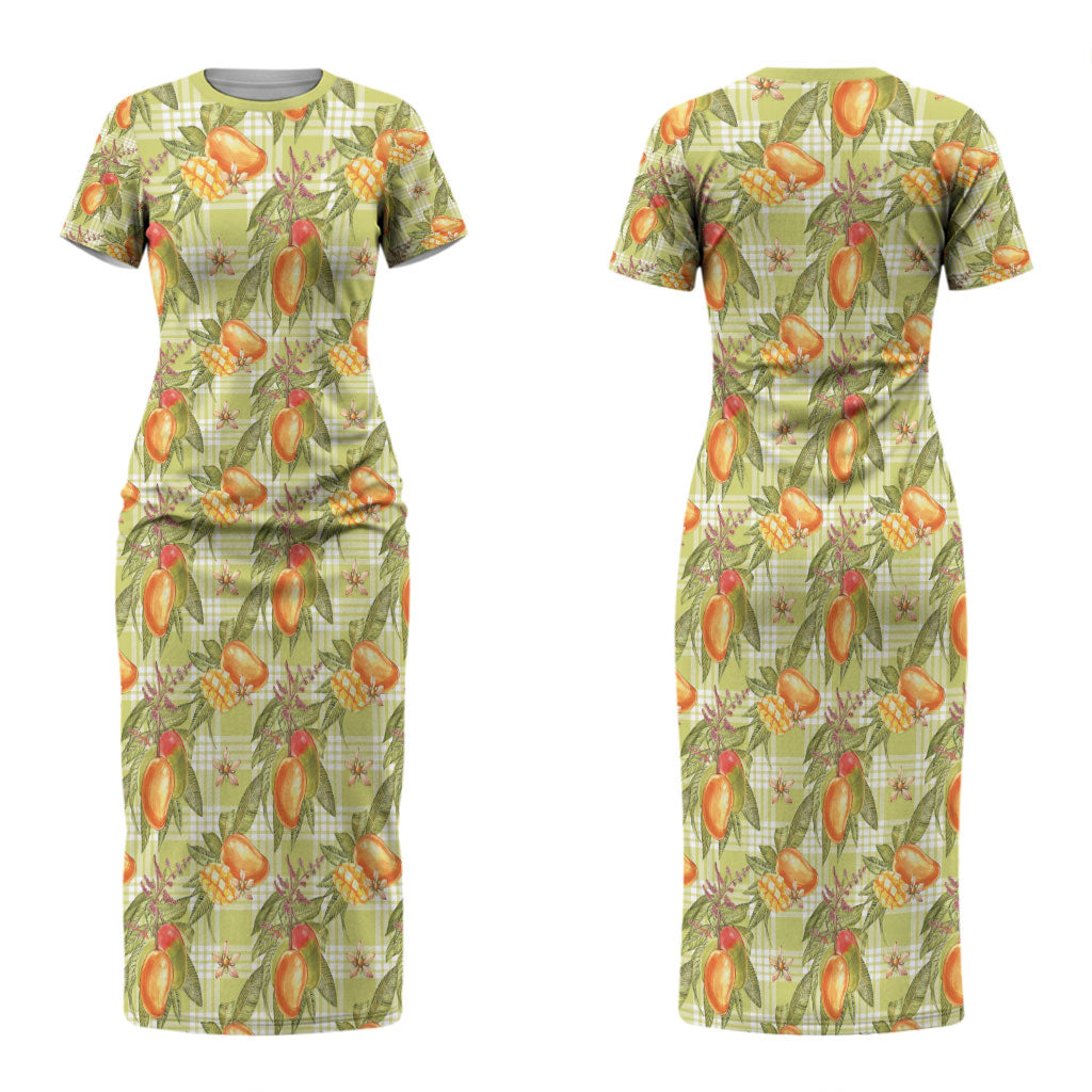 Vintage Hawaii Mango Couples Matching Short Sleeve Bodycon Dress and Long Sleeve Button Shirt Yellow Green Hawaiian Palaka