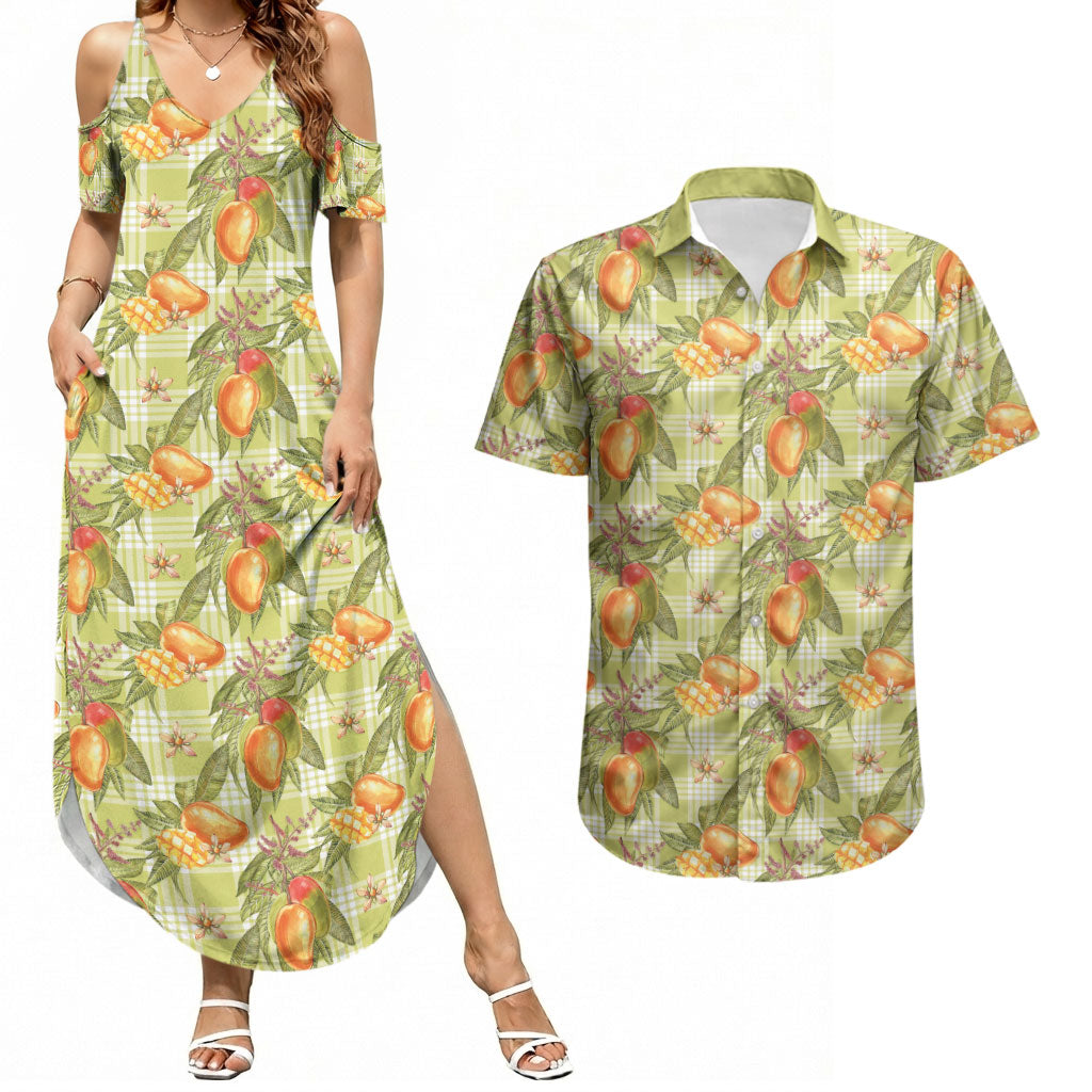 Vintage Hawaii Mango Couples Matching Summer Maxi Dress and Hawaiian Shirt Yellow Green Hawaiian Palaka