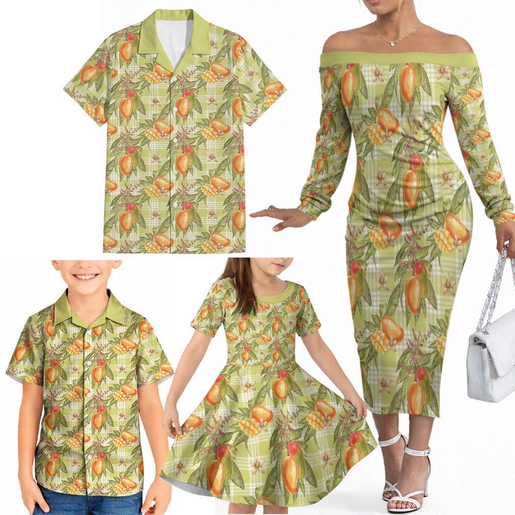 Vintage Hawaii Mango Family Matching Off The Shoulder Long Sleeve Dress and Hawaiian Shirt Yellow Green Hawaiian Palaka