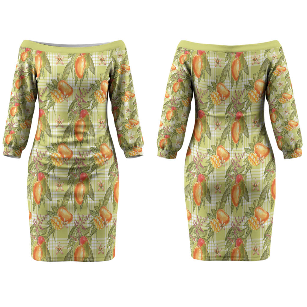 Vintage Hawaii Mango Family Matching Off The Shoulder Long Sleeve Dress and Hawaiian Shirt Yellow Green Hawaiian Palaka