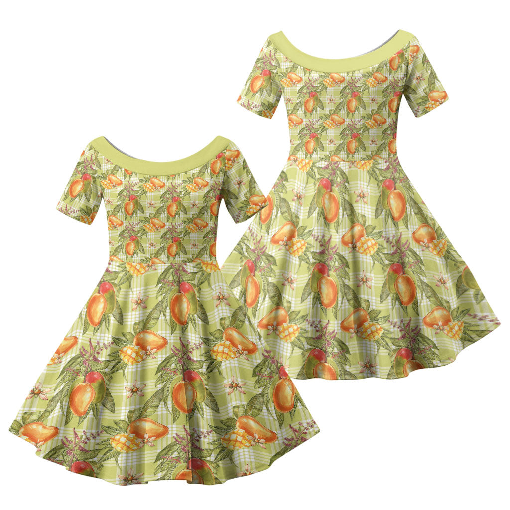 Vintage Hawaii Mango Family Matching Off The Shoulder Long Sleeve Dress and Hawaiian Shirt Yellow Green Hawaiian Palaka