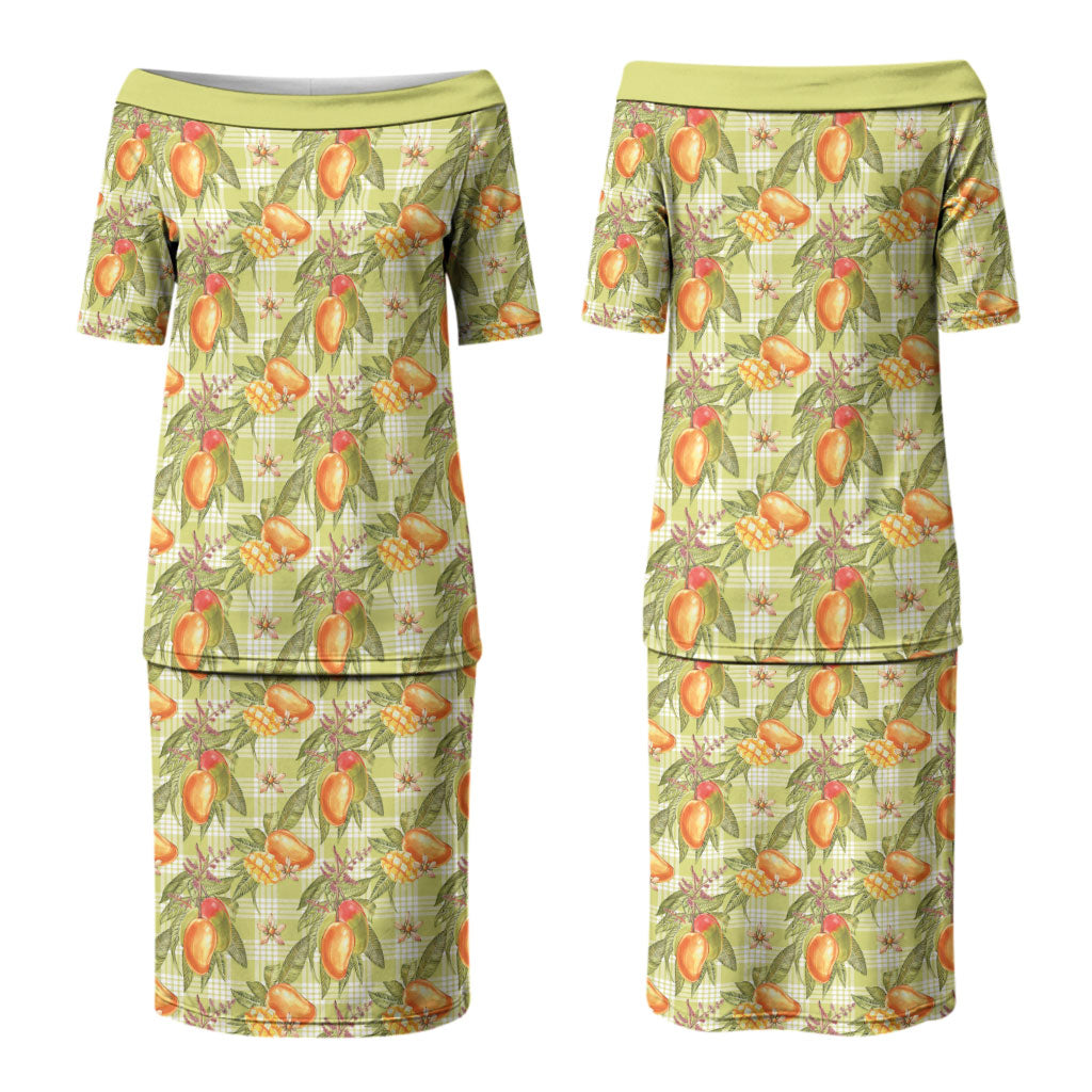 Vintage Hawaii Mango Family Matching Puletasi and Hawaiian Shirt Yellow Green Hawaiian Palaka