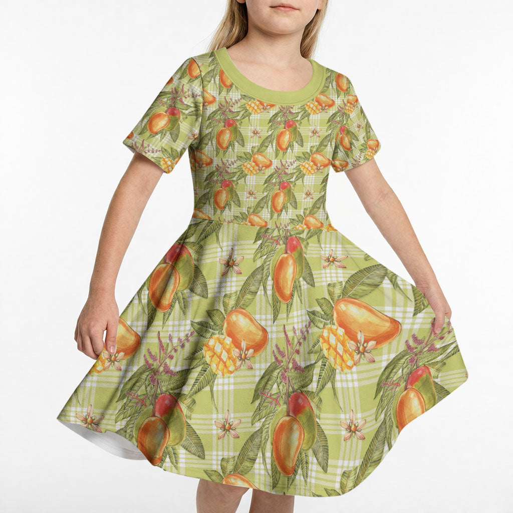 Vintage Hawaii Mango Kid Short Sleeve Dress Yellow Green Hawaiian Palaka