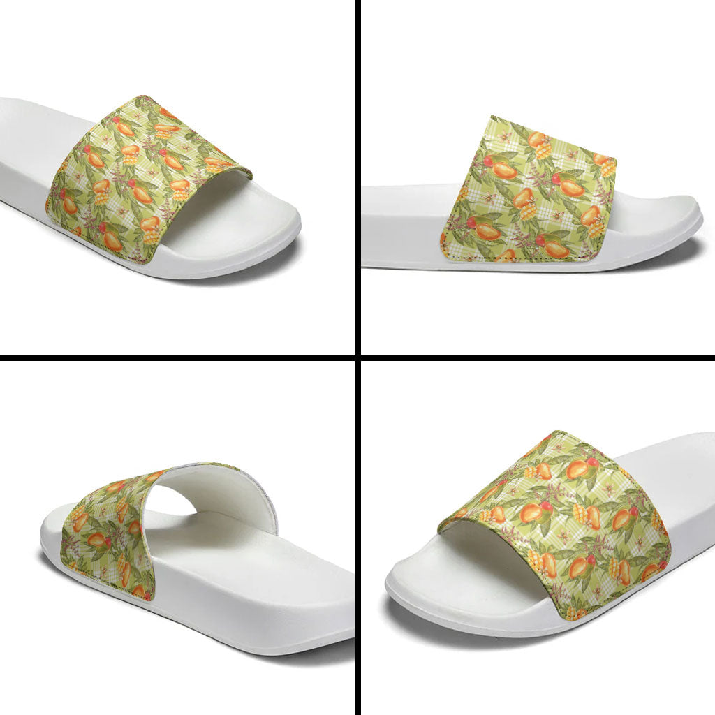 Vintage Hawaii Mango Slide Sandals Yellow Green Hawaiian Palaka