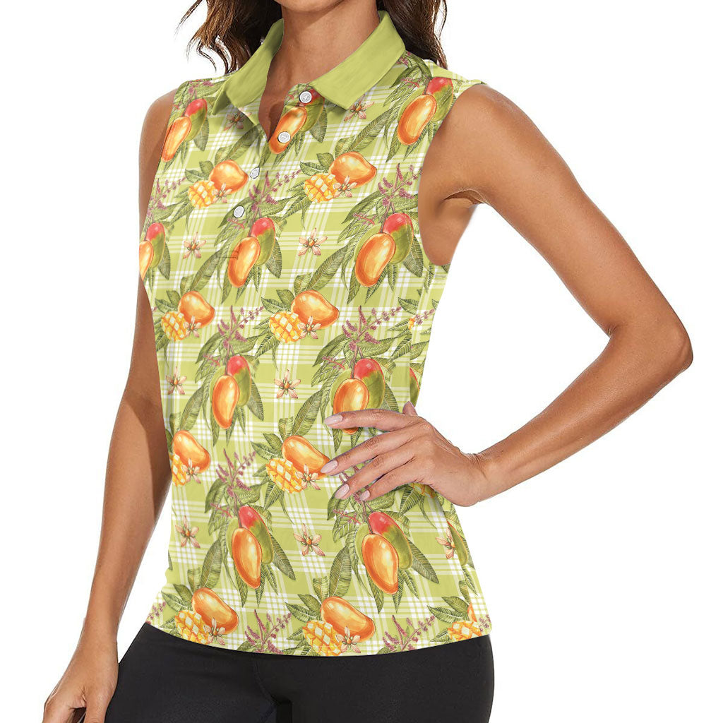 Vintage Hawaii Mango Women Sleeveless Polo Shirt Yellow Green Hawaiian Palaka