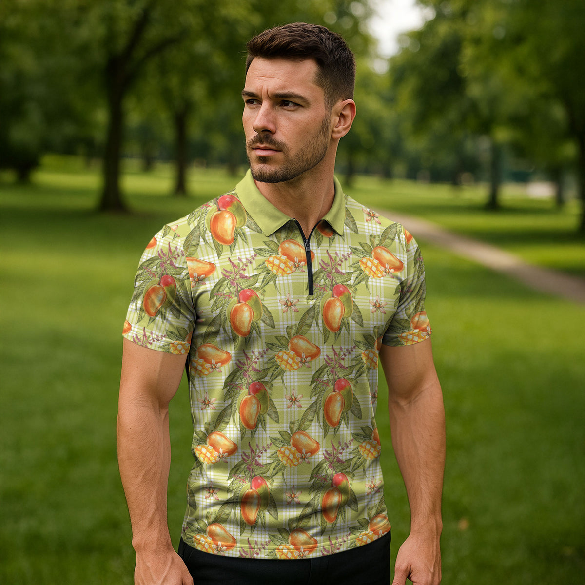 Vintage Hawaii Mango Zipper Polo Shirt Yellow Green Hawaiian Palaka