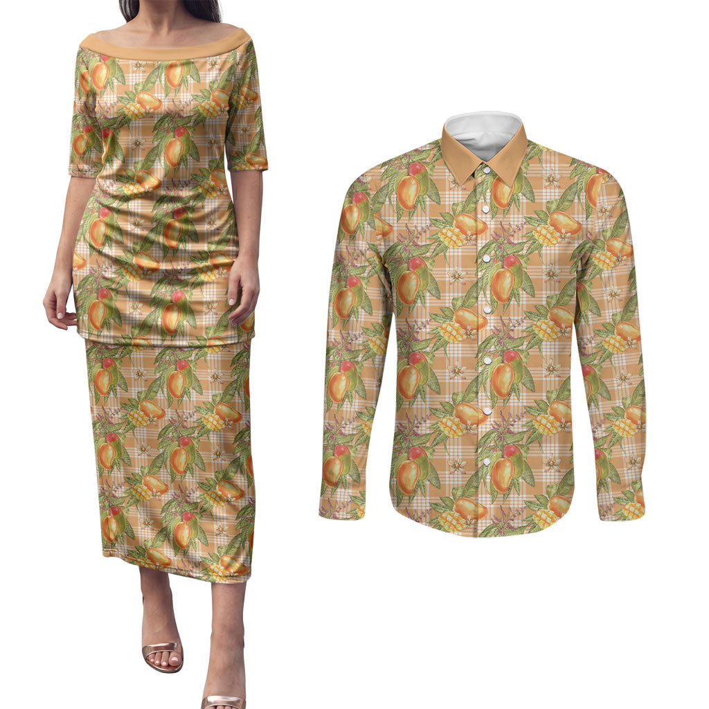 Vintage Hawaii Mango Couples Matching Puletasi and Long Sleeve Button Shirt Coral Hawaiian Palaka