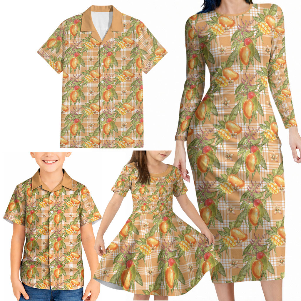Vintage Hawaii Mango Family Matching Long Sleeve Bodycon Dress and Hawaiian Shirt Coral Hawaiian Palaka