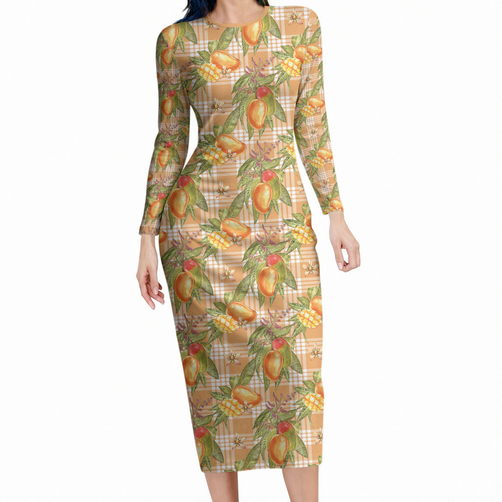 Vintage Hawaii Mango Long Sleeve Bodycon Dress Coral Hawaiian Palaka