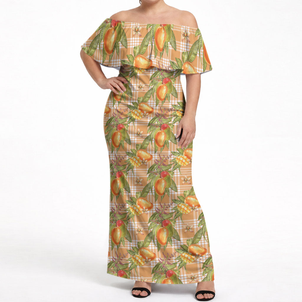 Vintage Hawaii Mango Off Shoulder Maxi Dress Coral Hawaiian Palaka