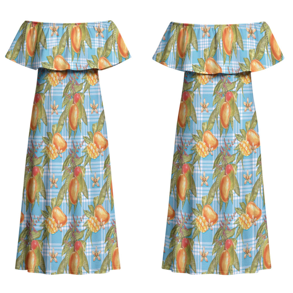 Vintage Hawaii Mango Couples Matching Off Shoulder Maxi Dress and Hawaiian Shirt Blue Hawaiian Palaka