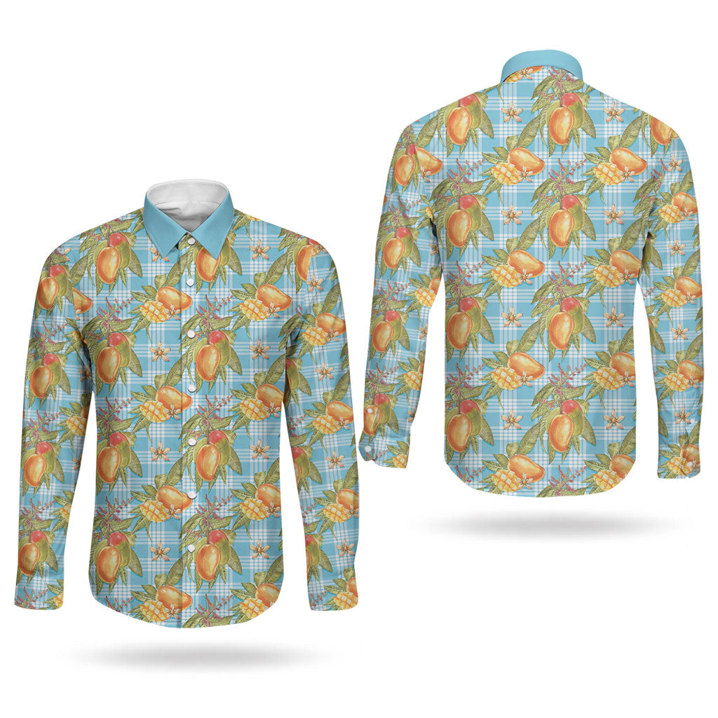 Vintage Hawaii Mango Couples Matching Off Shoulder Short Dress and Long Sleeve Button Shirt Blue Hawaiian Palaka