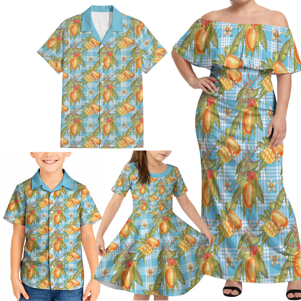 Vintage Hawaii Mango Family Matching Off Shoulder Maxi Dress and Hawaiian Shirt Blue Hawaiian Palaka