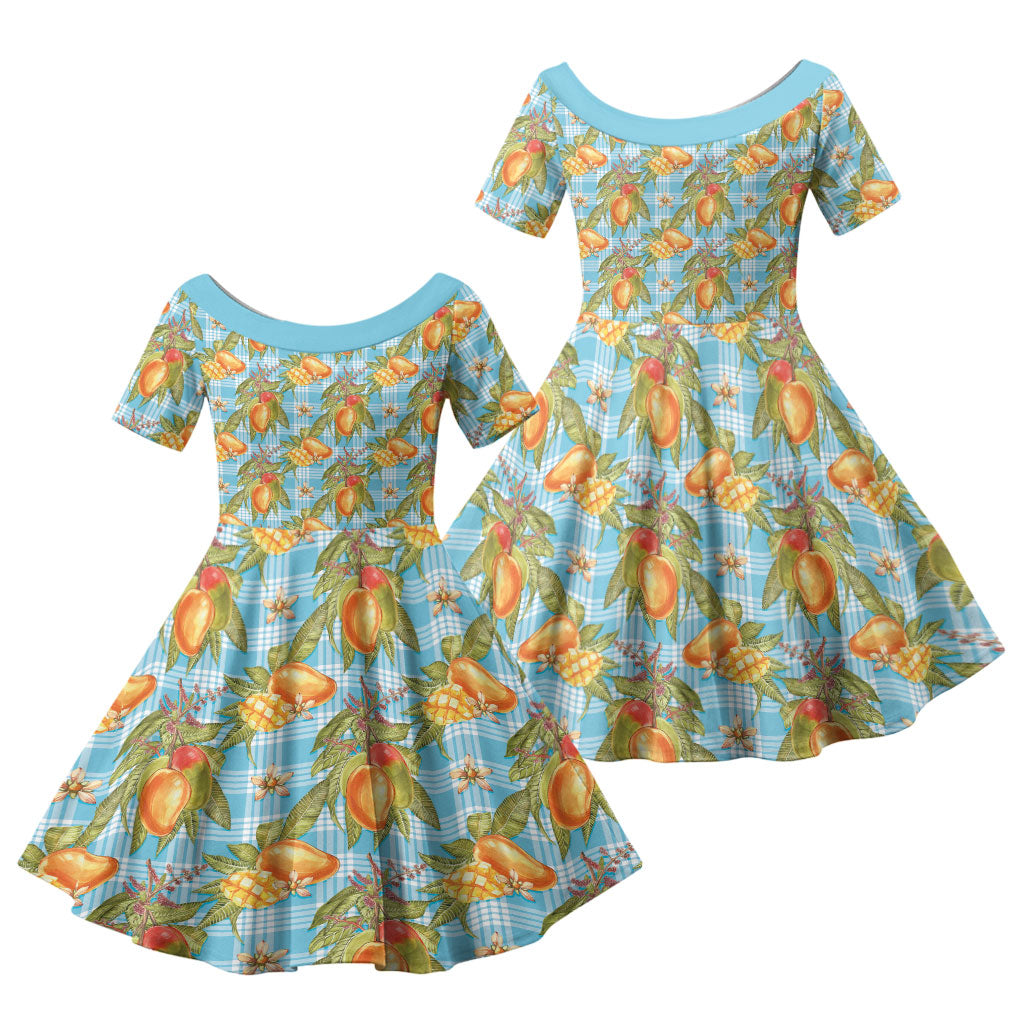 Vintage Hawaii Mango Family Matching Short Sleeve Bodycon Dress and Hawaiian Shirt Blue Hawaiian Palaka
