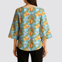 Vintage Hawaii Mango Kimono Sleeve Blouse Blue Hawaiian Palaka