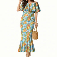 Vintage Hawaii Mango Mermaid Dress Blue Hawaiian Palaka