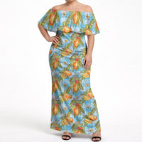 Vintage Hawaii Mango Off Shoulder Maxi Dress Blue Hawaiian Palaka