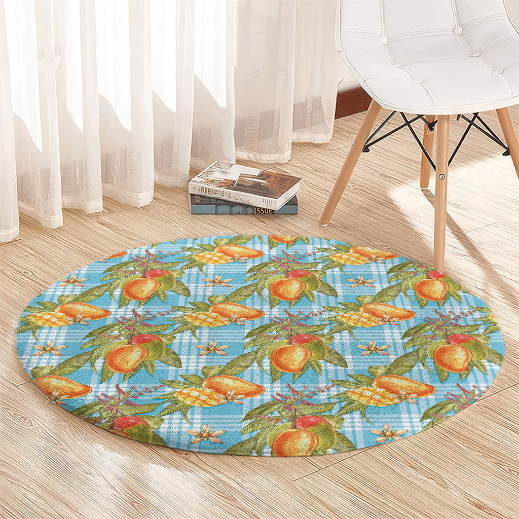 Vintage Hawaii Mango Round Carpet Blue Hawaiian Palaka