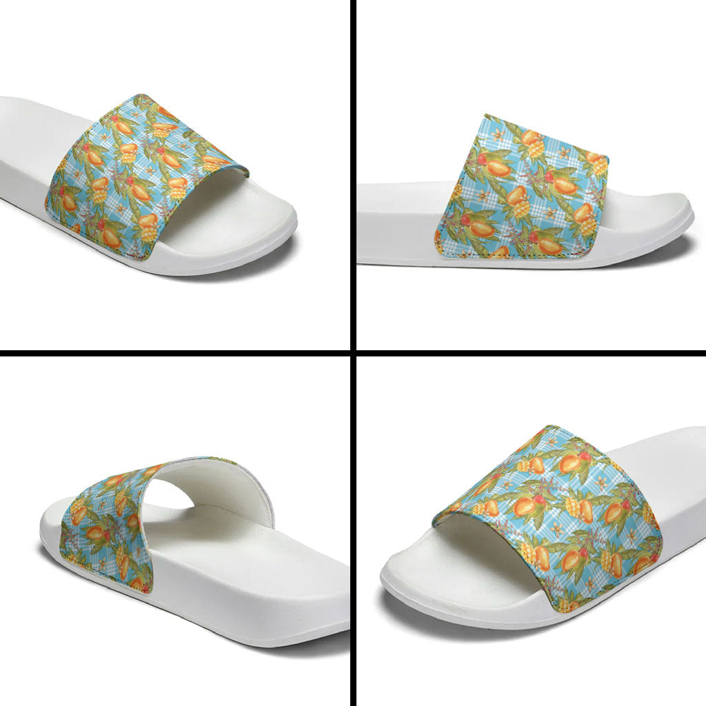 Vintage Hawaii Mango Slide Sandals Blue Hawaiian Palaka