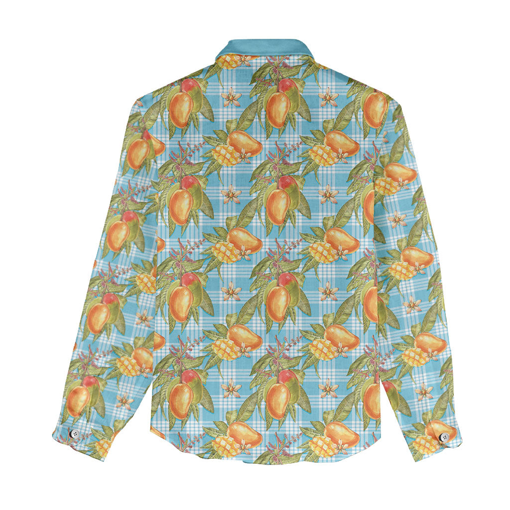 Vintage Hawaii Mango Women Casual Shirt Blue Hawaiian Palaka