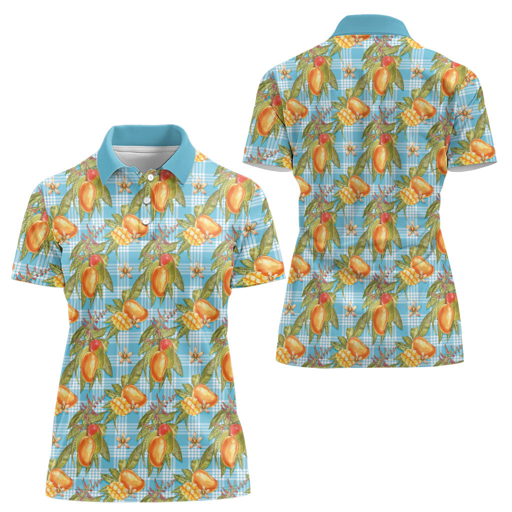 Vintage Hawaii Mango Women Polo Shirt Blue Hawaiian Palaka