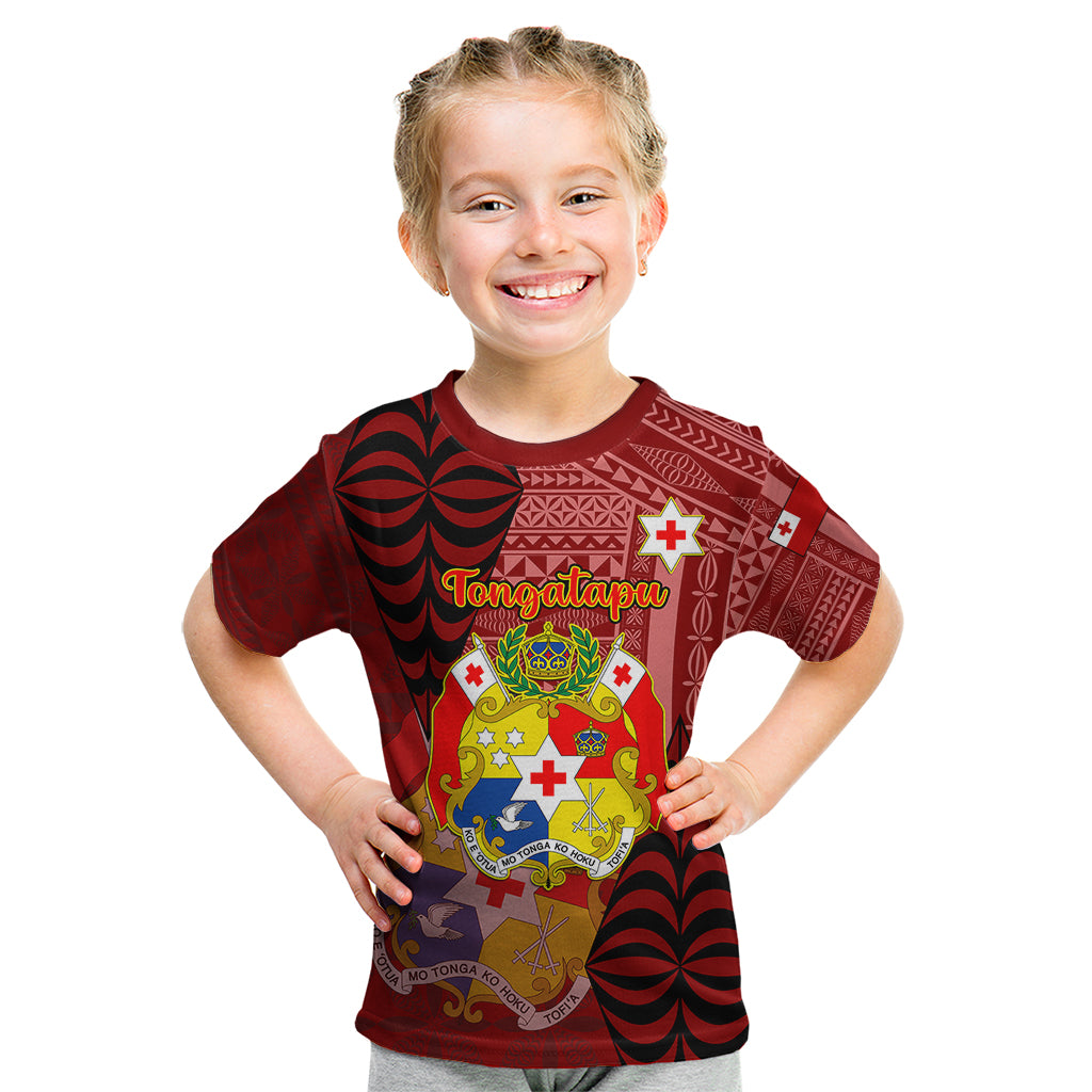 Personalized Tonga Kid T Shirt Coat Of Arms Tongatapu With Ngatu Pattern LT05 Red - Polynesian Pride