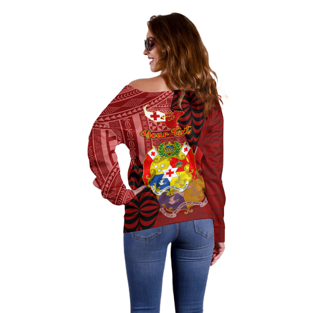 Personalized Tonga Off Shoulder Sweater Coat Of Arms Tongatapu With Ngatu Pattern LT05 - Polynesian Pride