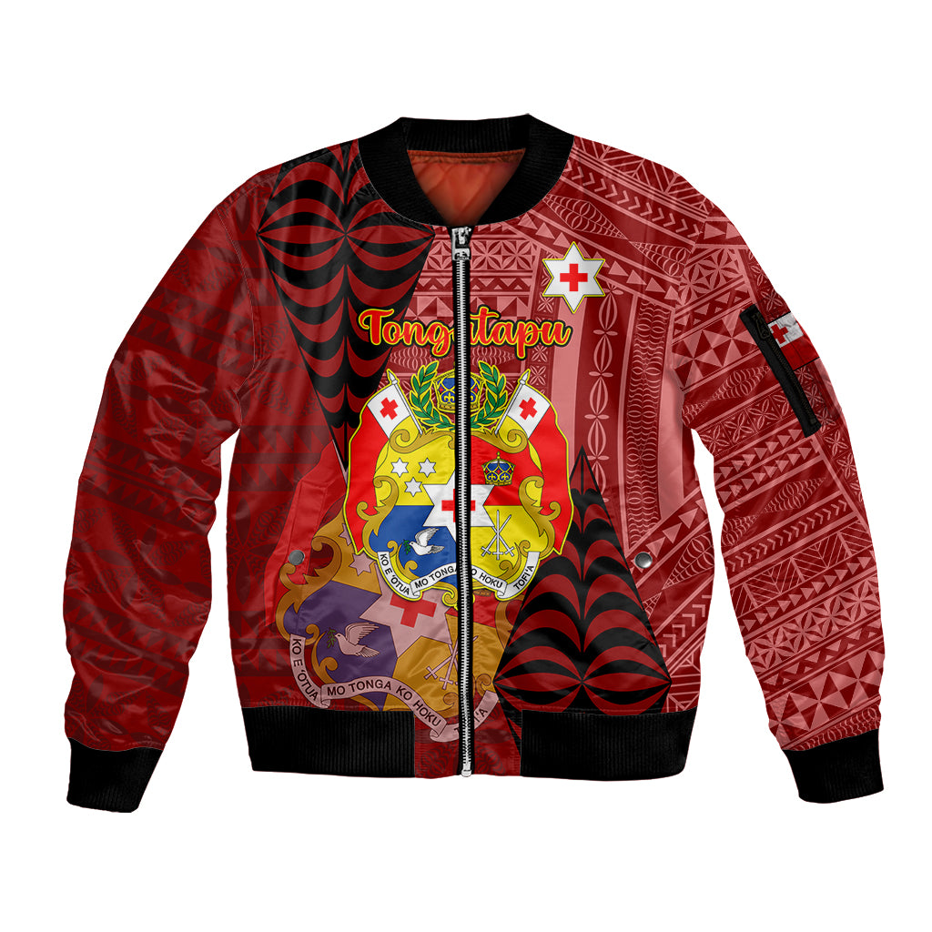 Personalized Tonga Sleeve Zip Bomber Jacket Coat Of Arms Tongatapu With Ngatu Pattern LT05 Unisex Red - Polynesian Pride