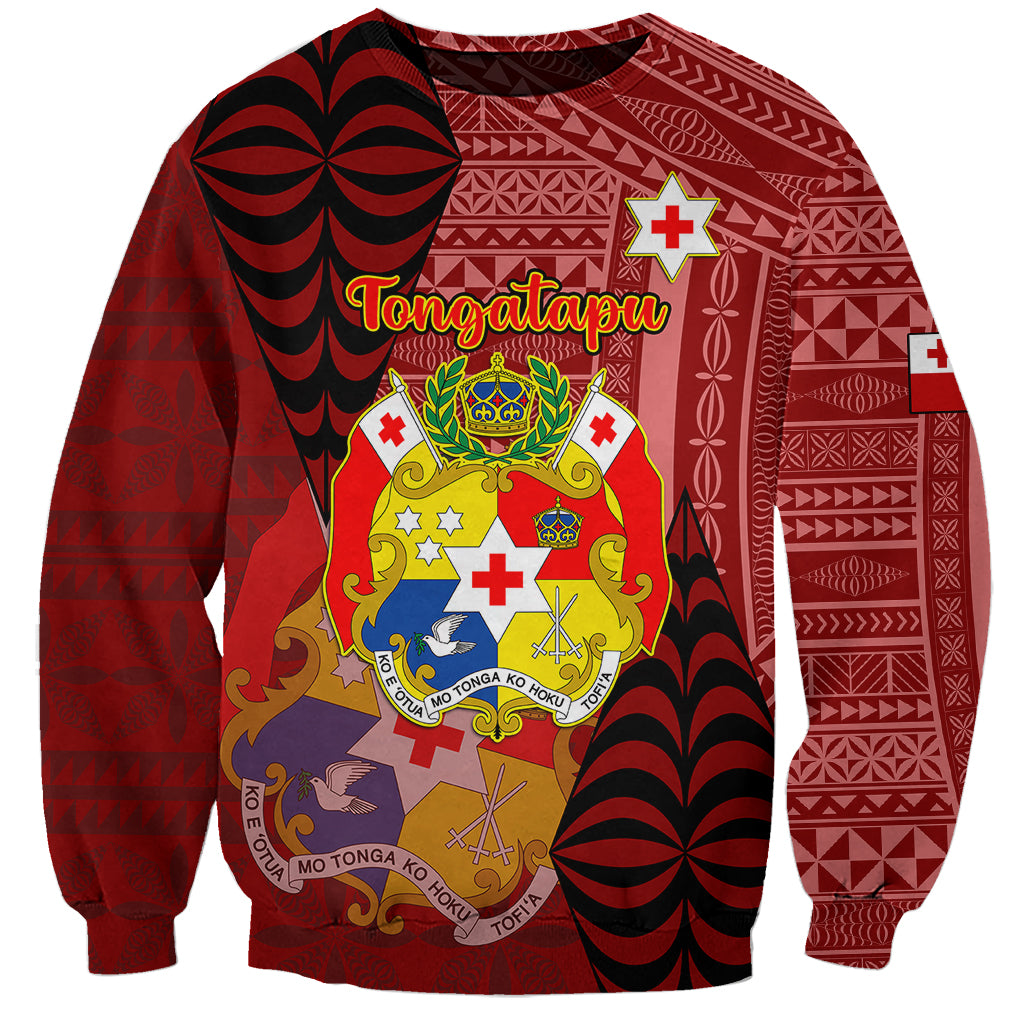 Personalized Tonga Sweatshirt Coat Of Arms Tongatapu With Ngatu Pattern LT05 Unisex Red - Polynesian Pride