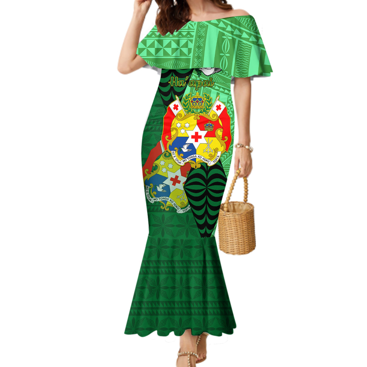 Personalized Tonga Mermaid Dress Coat Of Arms Haapai With Ngatu Pattern LT05 Women Green - Polynesian Pride