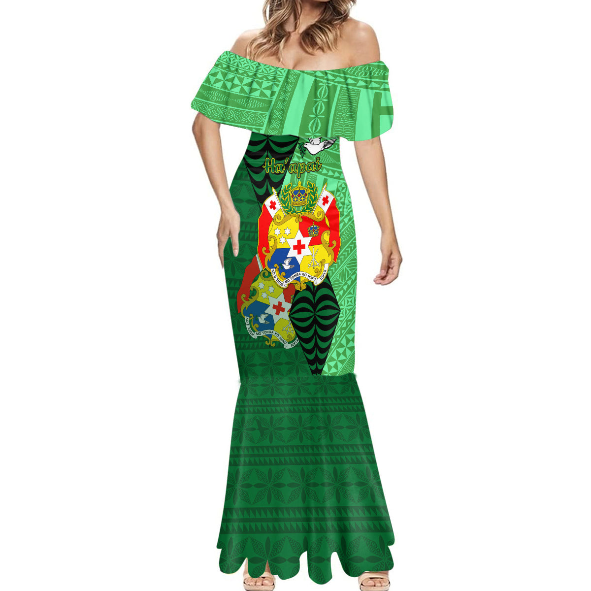 Personalized Tonga Mermaid Dress Coat Of Arms Haapai With Ngatu Pattern LT05 - Polynesian Pride