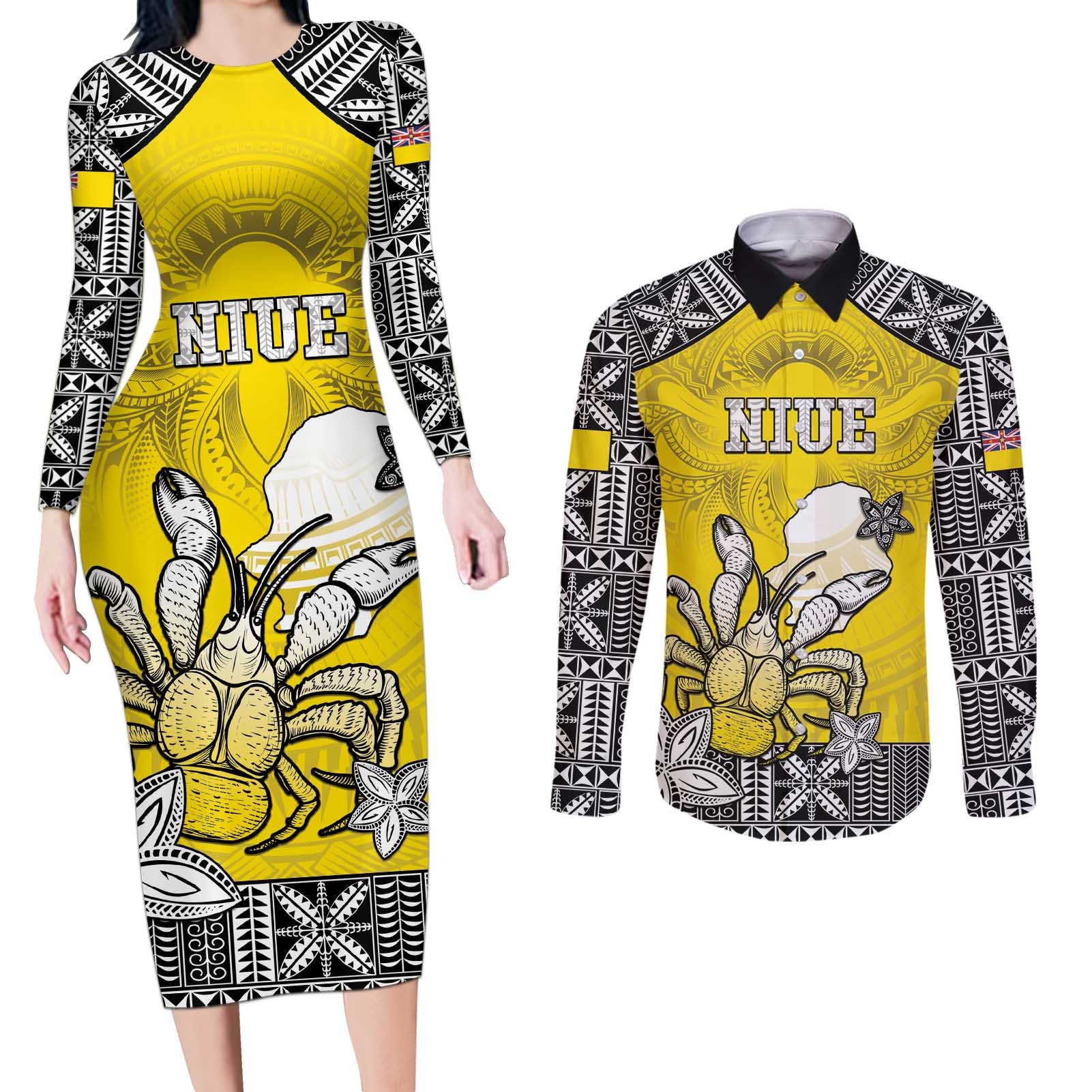 Personalised Happy Niue Constitution Day Couples Matching Long Sleeve Bodycon Dress and Long Sleeve Button Shirt Niuean Crab Hiapo Pattern Yellow Version